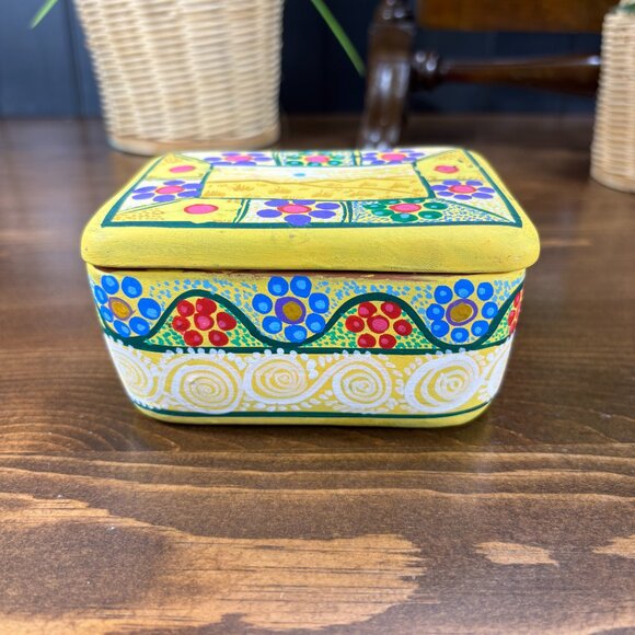 Vintage Terracotta Trinket Box Hand Painted Mexican Pottery Ceramic Keepsake Box - Picture 5 of 16